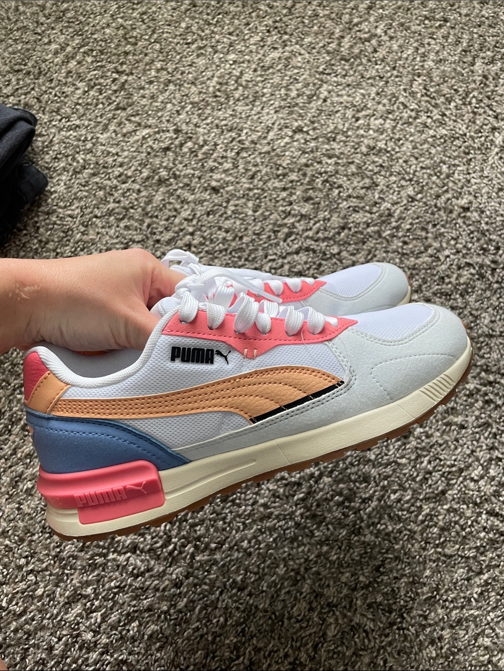 Puma White Sneakers with Peach, Pink and Blue Accents